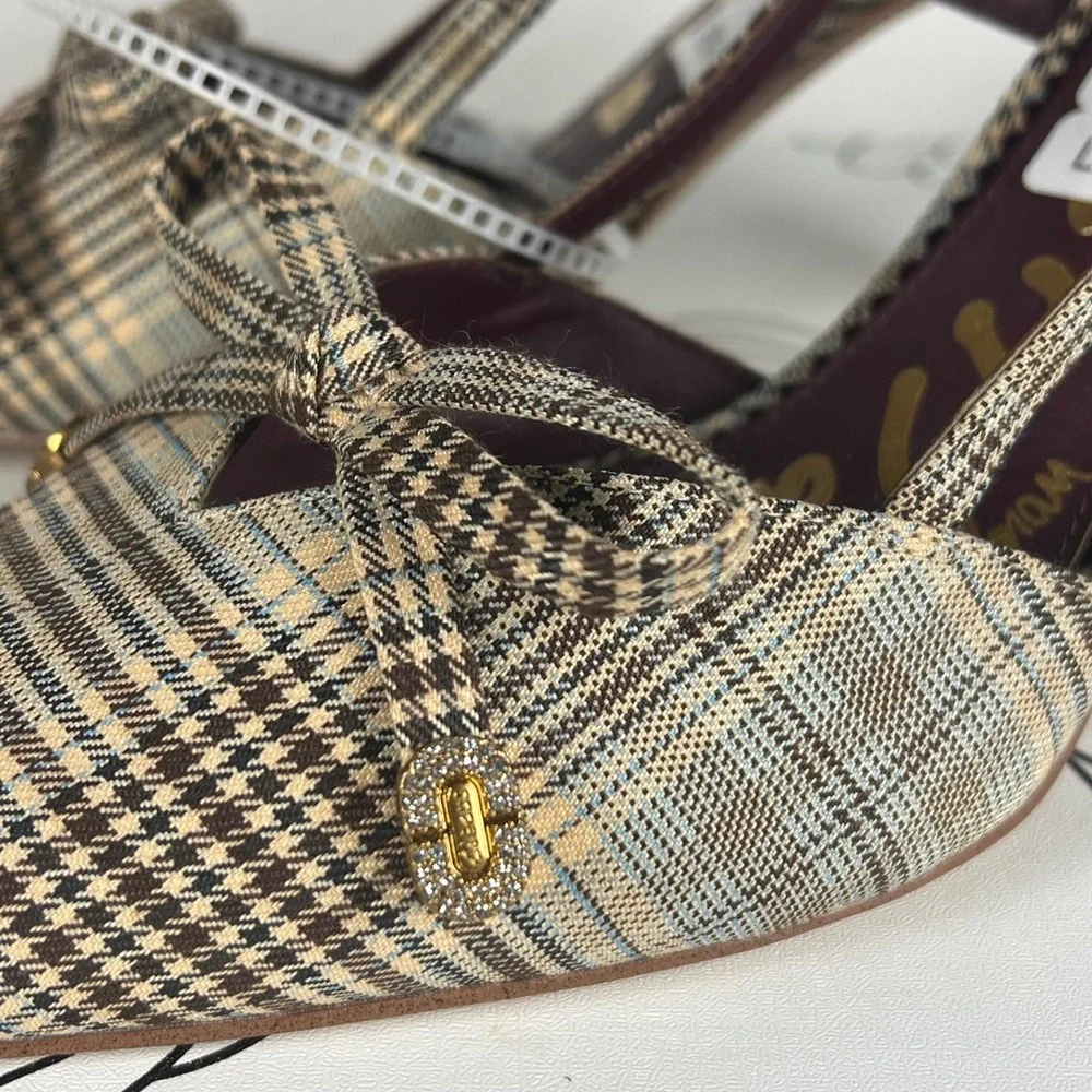Circus by Sam Edelman Monica Plaid Slingback Pumps Kitten Heel Bow Tan Brown 10
